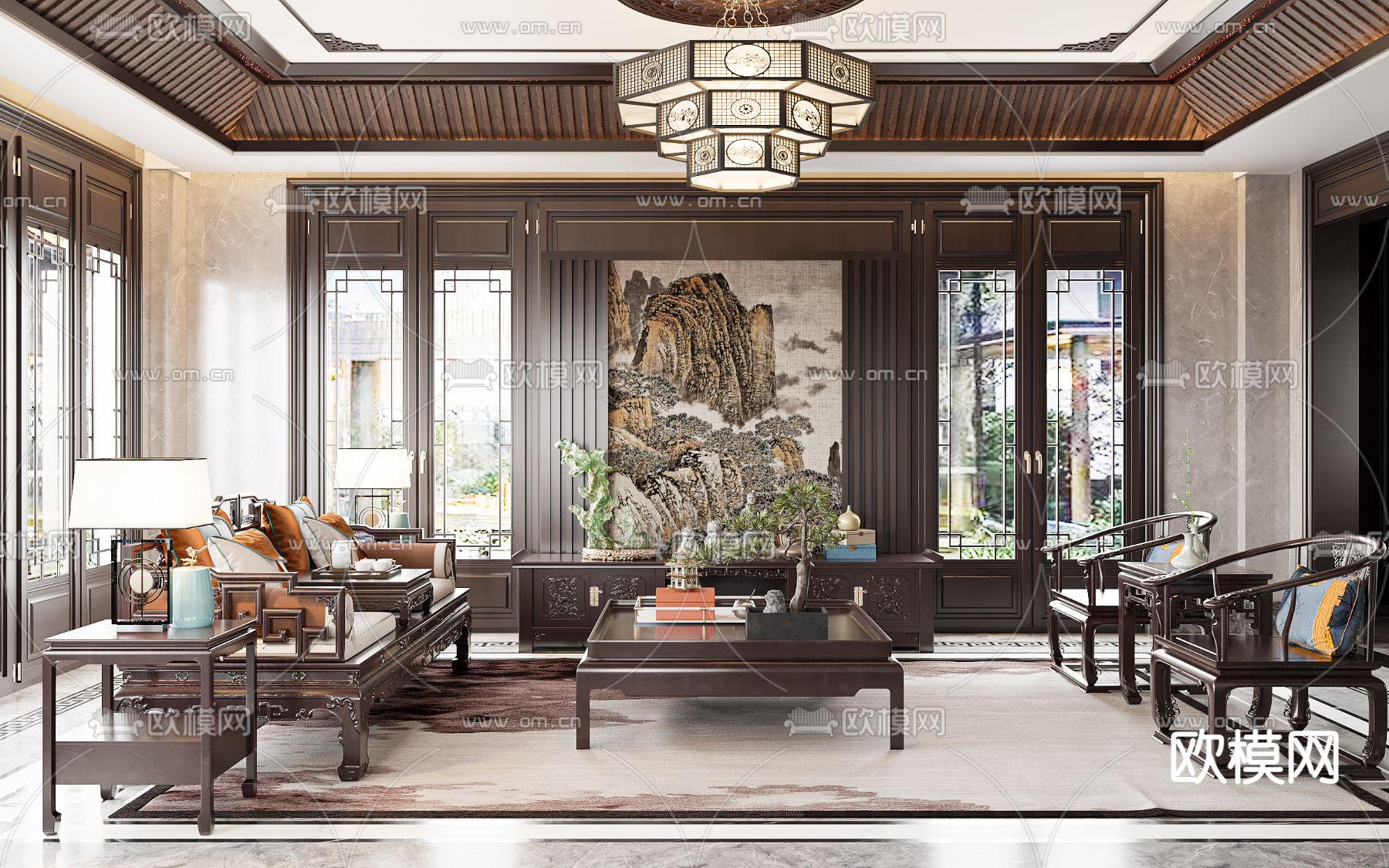 中式客厅su模型下载（渲染图1）