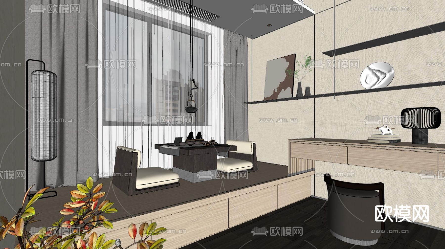新中式茶室su模型下载（渲染图2）