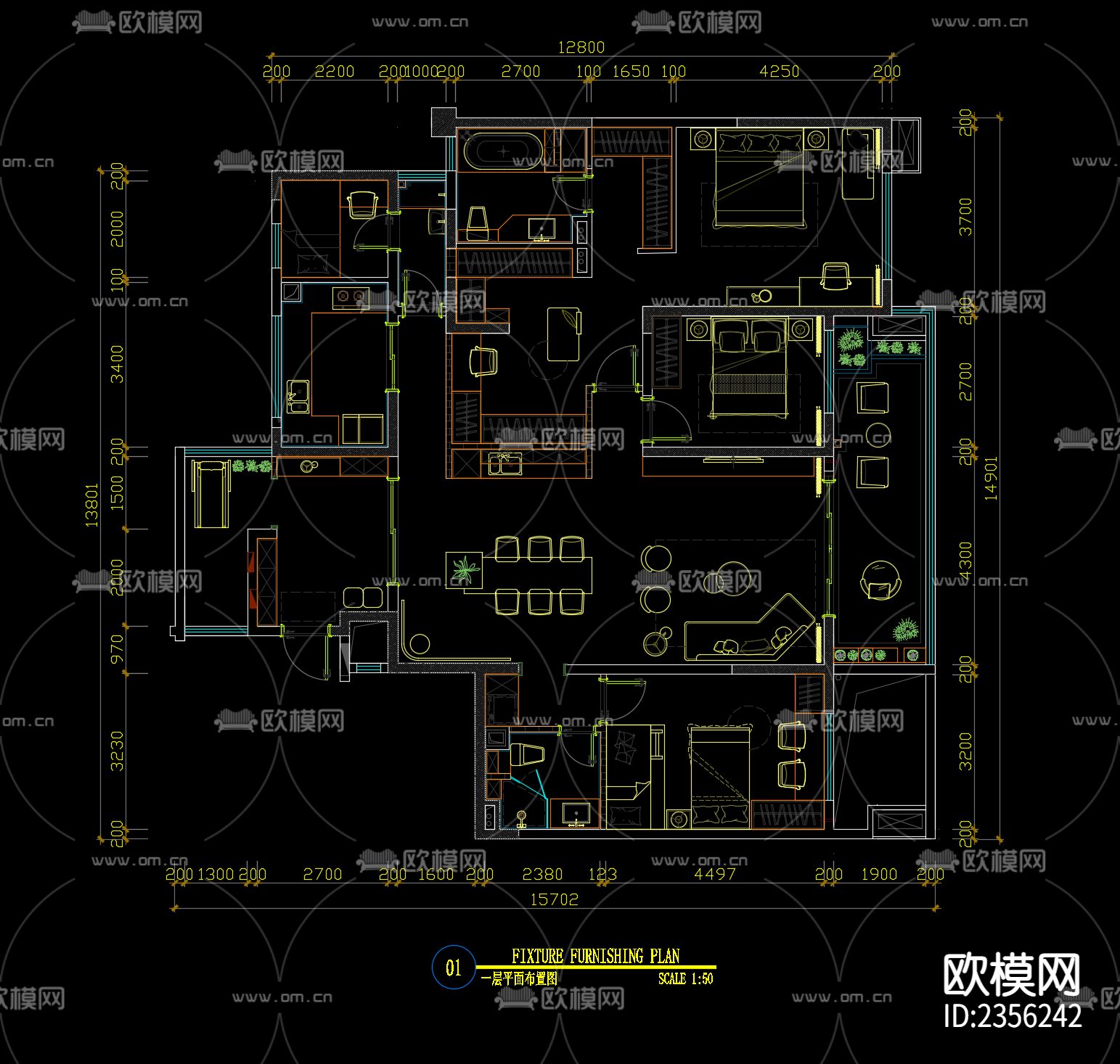 家装平层cad施工图下载（渲染图2）
