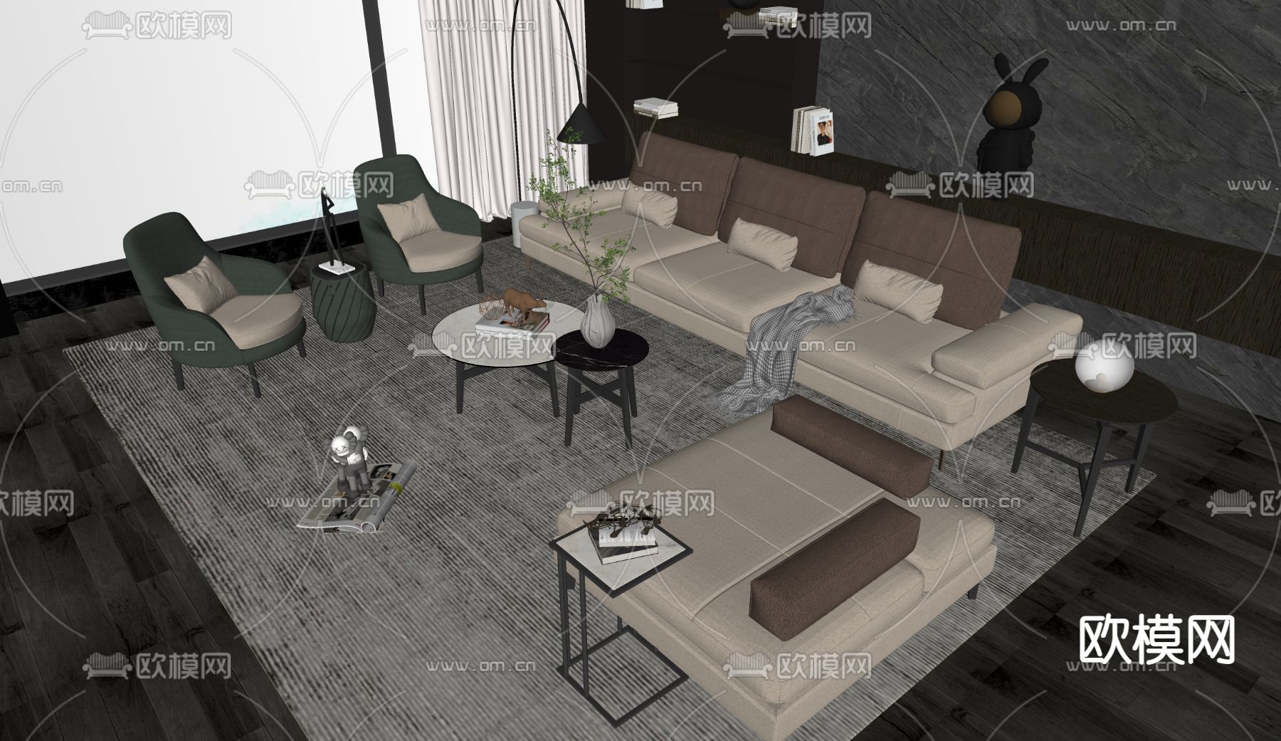 现代皮革组合沙发su模型下载（渲染图2）