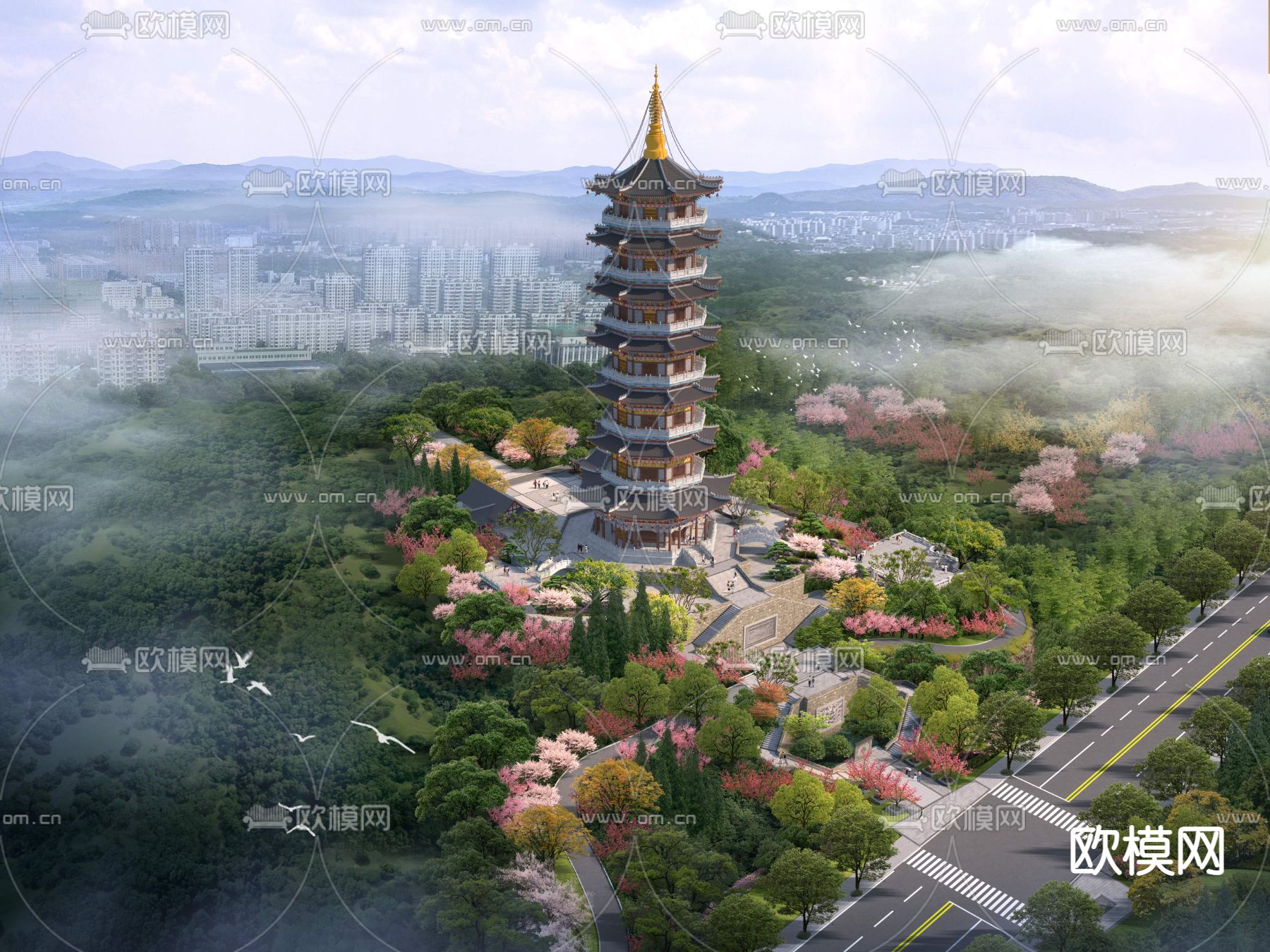 现代古塔鸟瞰psd下载