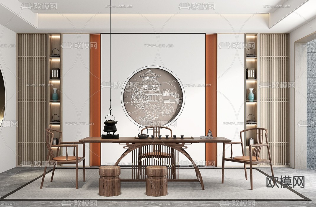 新中式茶室 茶台3d模型下载_ID12186550_3dmax免费模型-欧模网