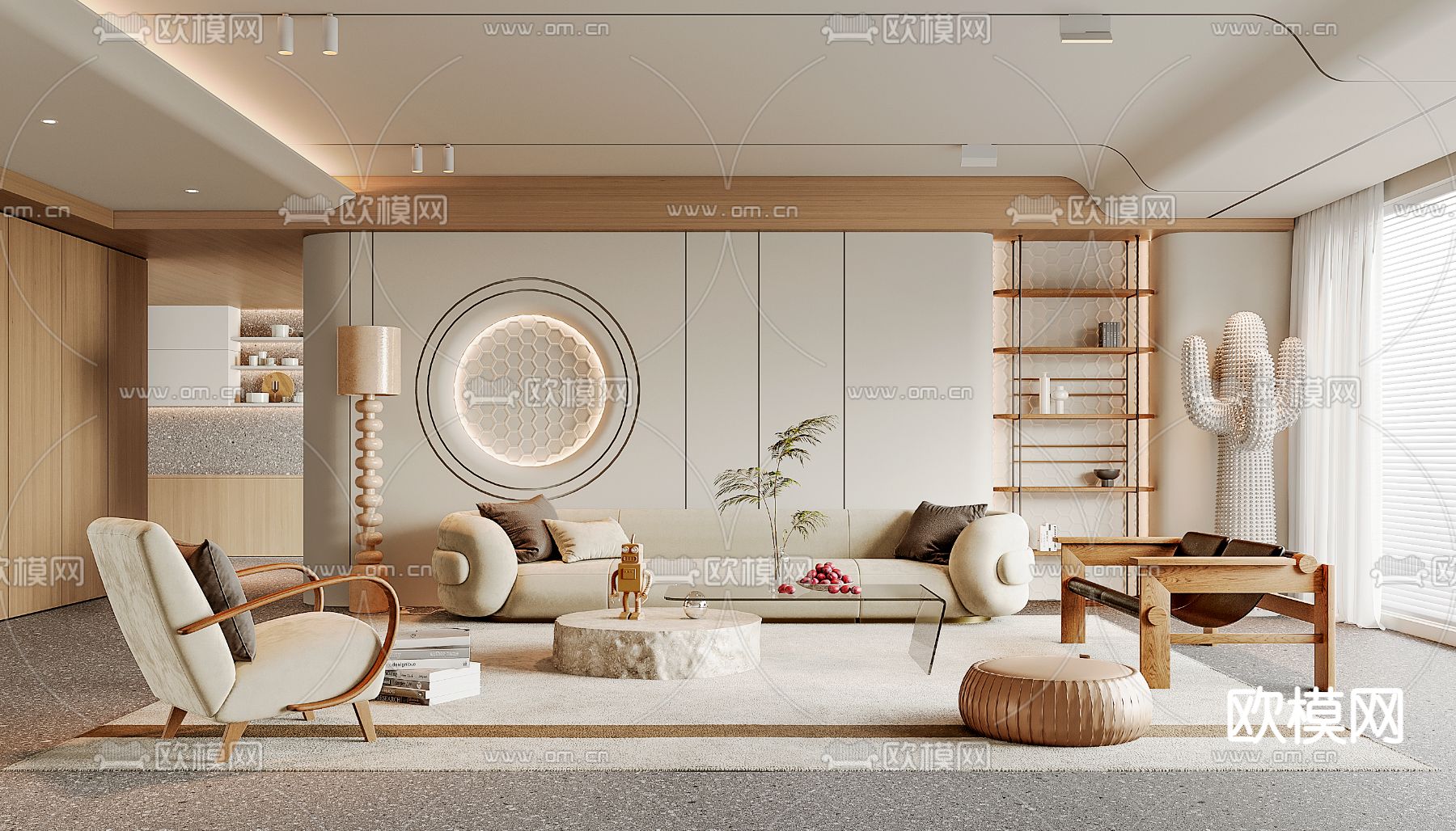 奶油风客厅3d模型下载（渲染图1）