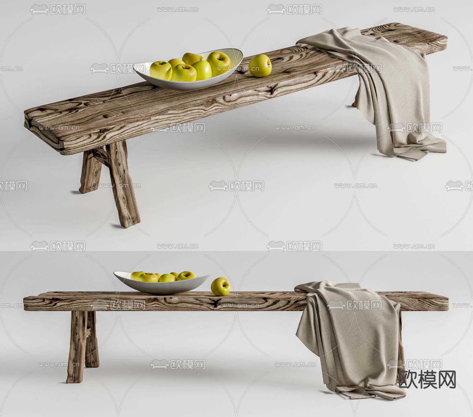 自然风长凳 凳子 苹果果盘su模型下载（渲染图1）
