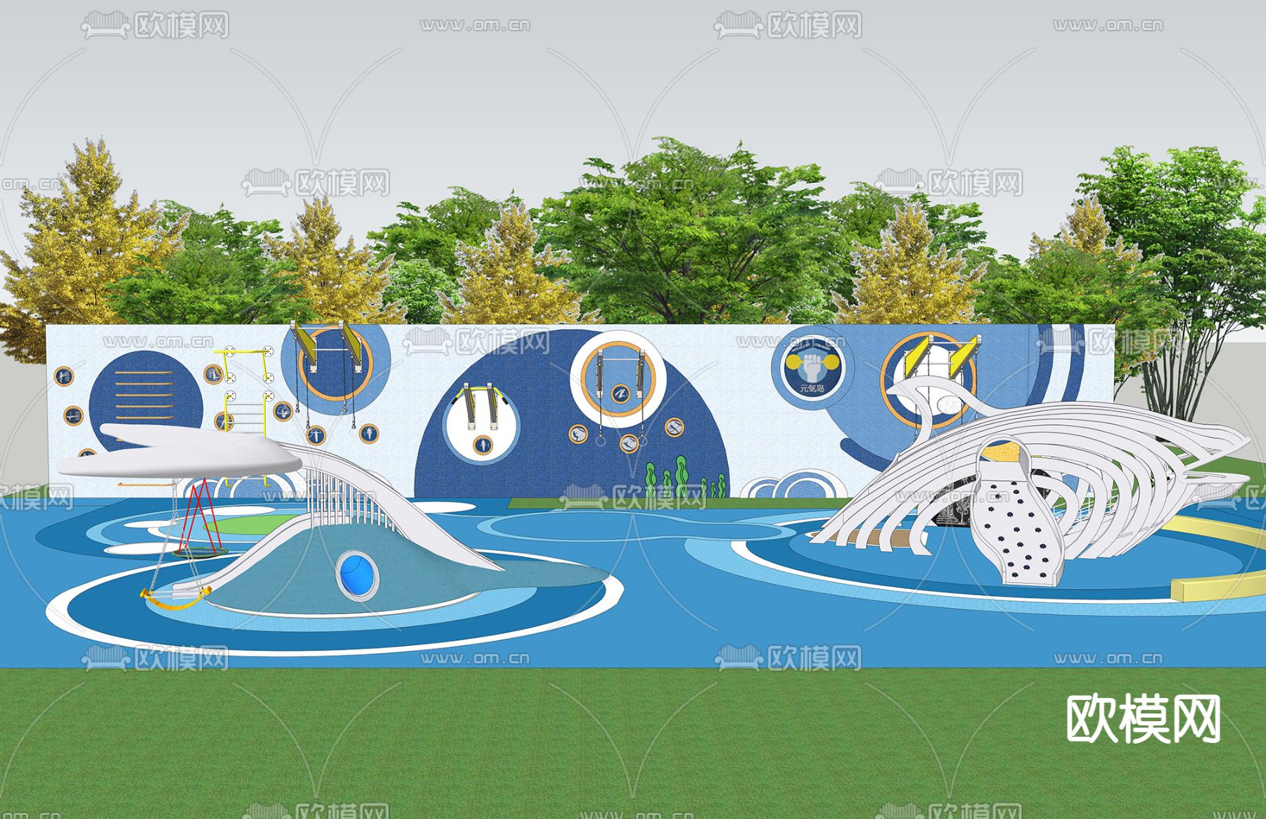 现代儿童景墙户外运动游乐区su模型下载（渲染图2）