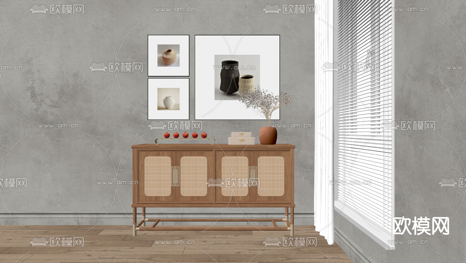 新中式玄关柜su模型下载（渲染图2）