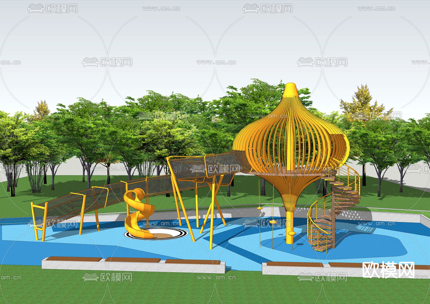 现代公园户外运动游乐区su模型下载（渲染图1）