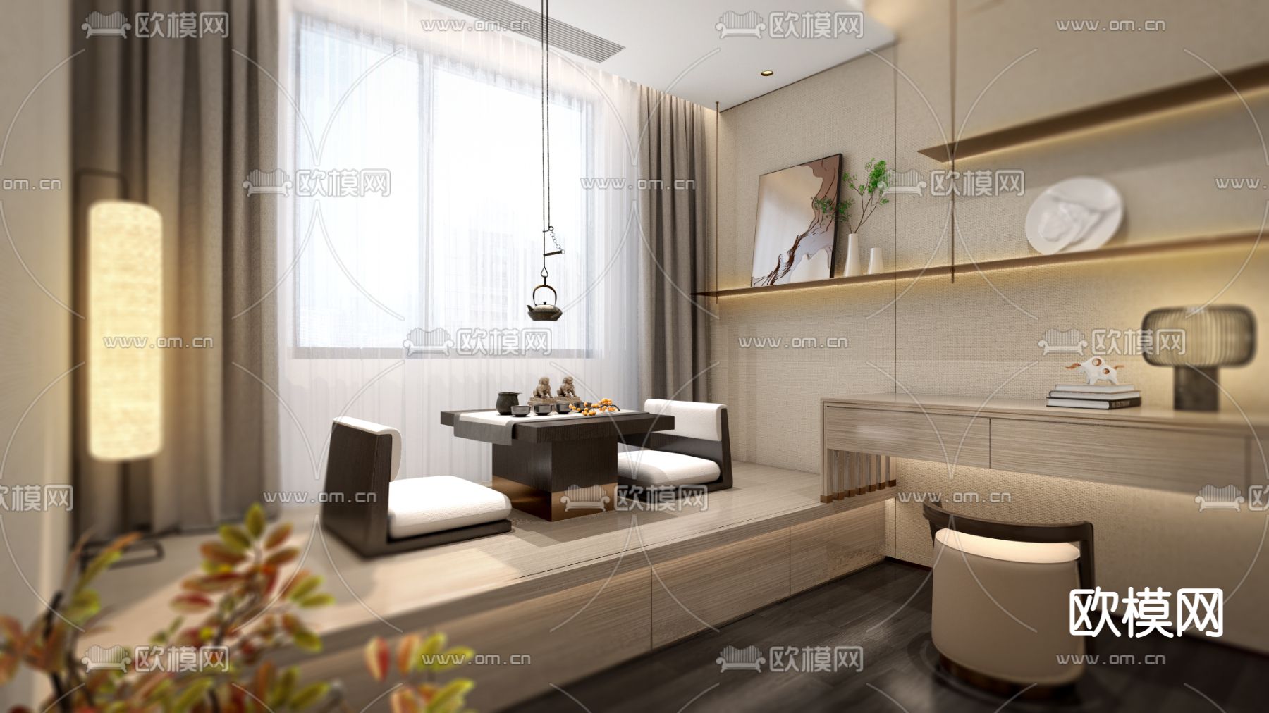 新中式茶室su模型下载（渲染图1）