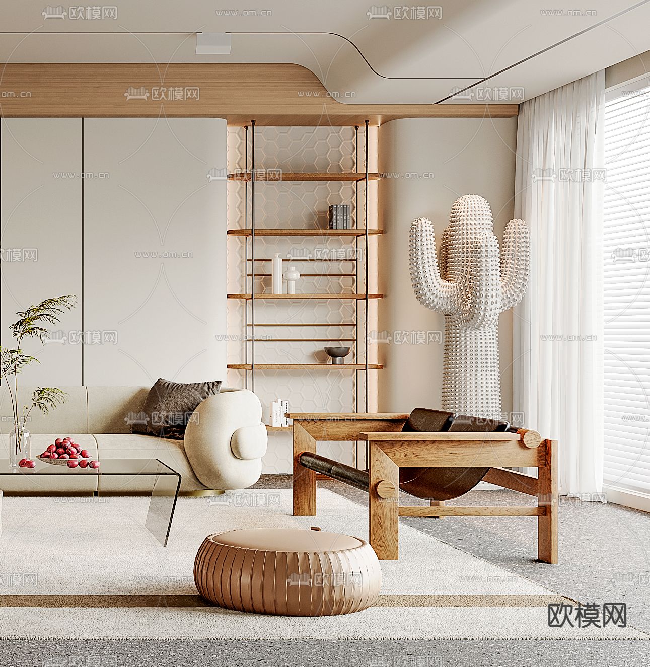 奶油风客厅3d模型下载（渲染图3）