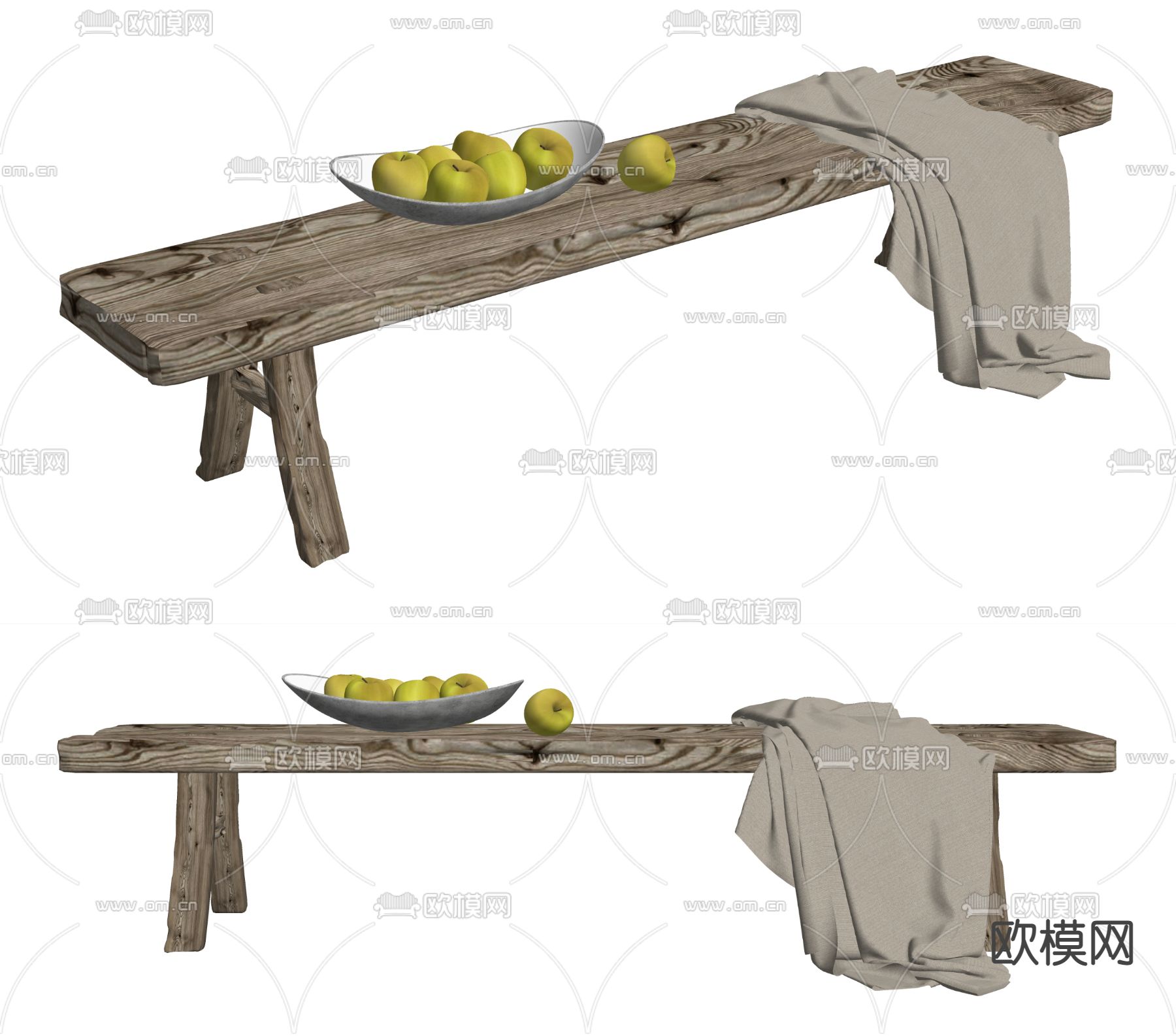 自然风长凳 凳子 苹果果盘su模型下载（渲染图2）