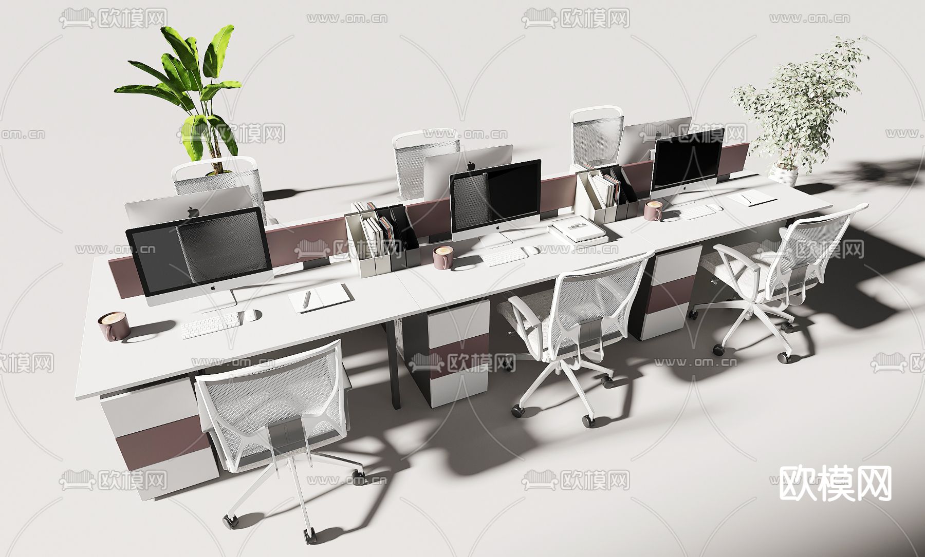 办公桌椅 屏风卡位su模型下载（渲染图1）