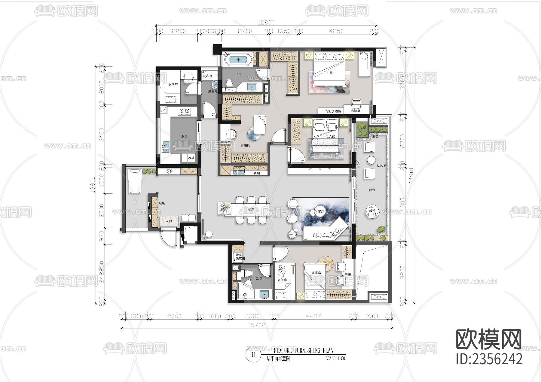家装平层cad施工图下载（渲染图1）
