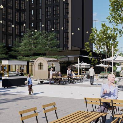  现代商业街 小吃街su模型 