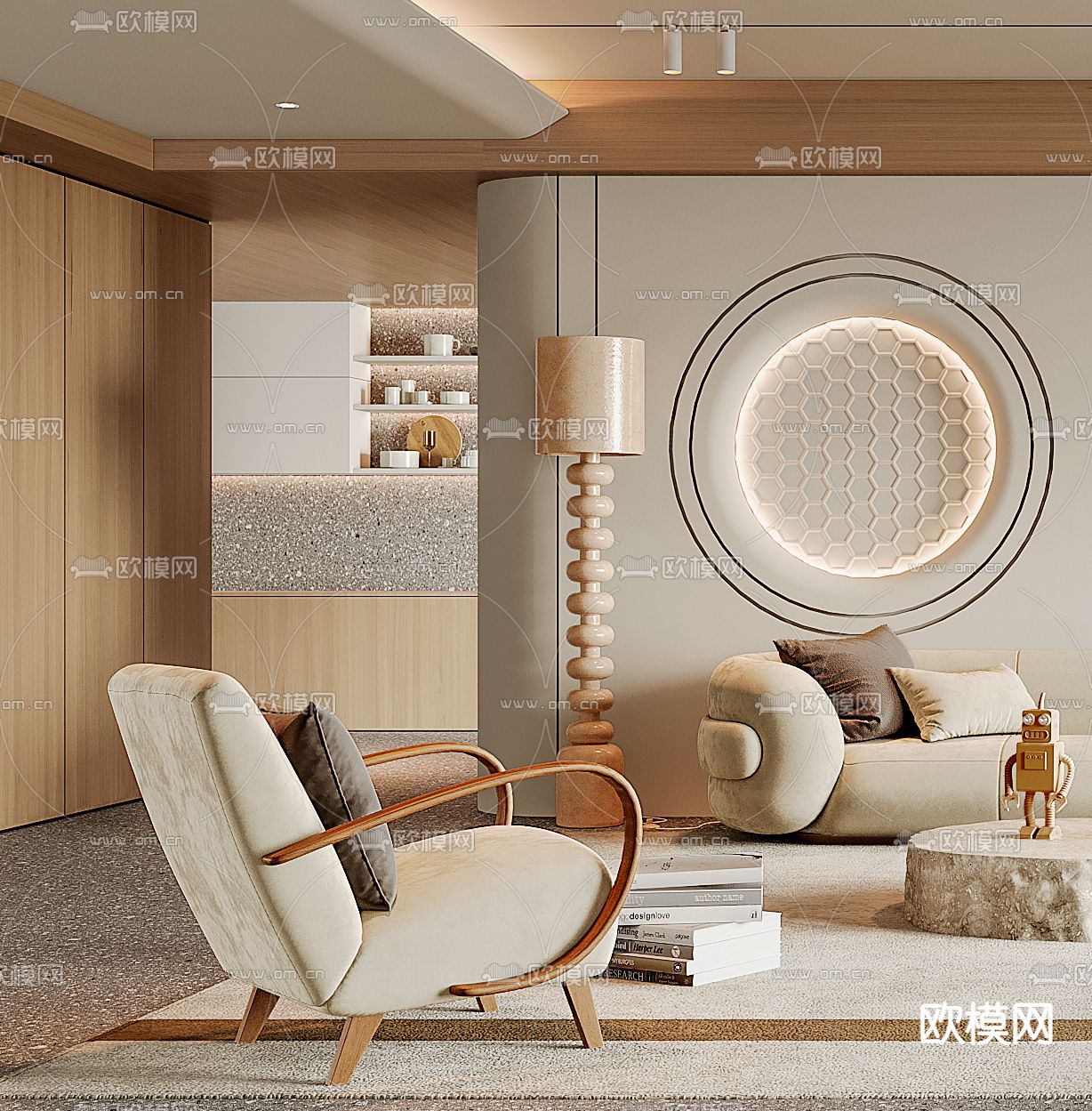奶油风客厅3d模型下载（渲染图2）