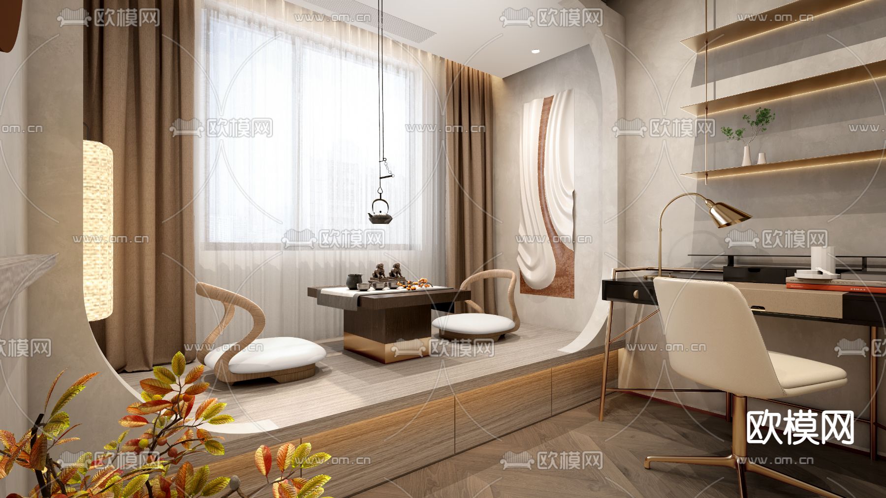 新中式茶室su模型下载（渲染图1）