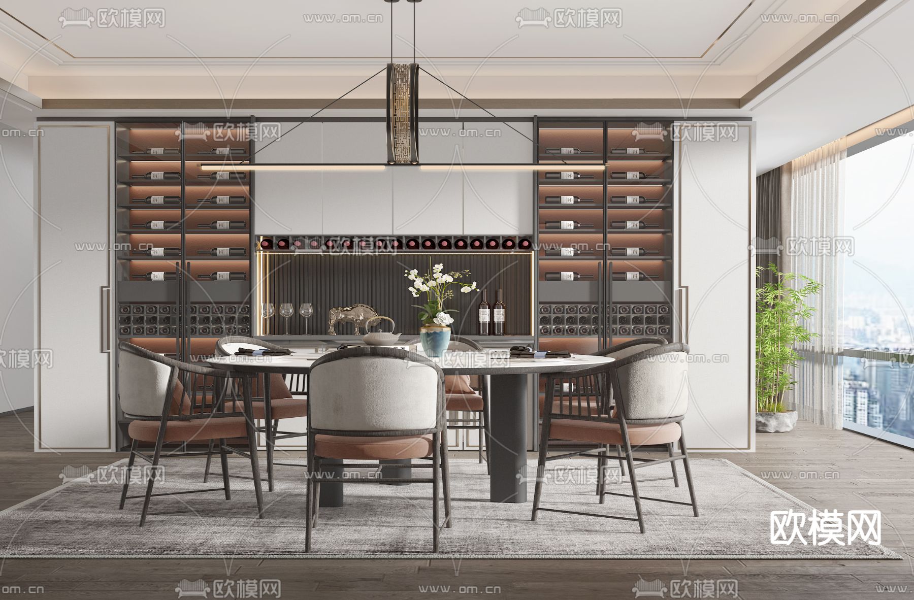新中式餐厅su模型下载（渲染图1）