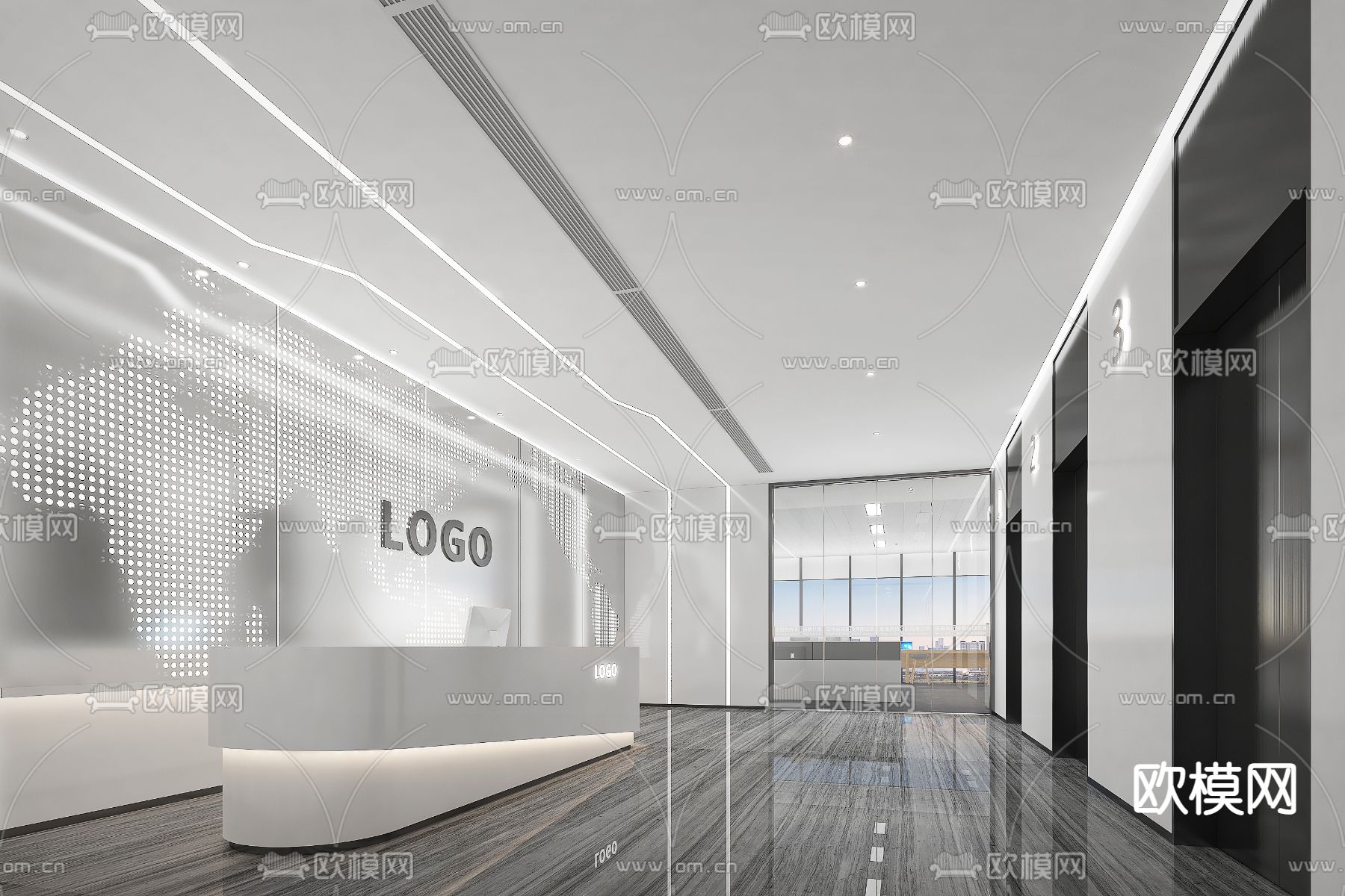 现代前台接待 电梯门3d模型下载