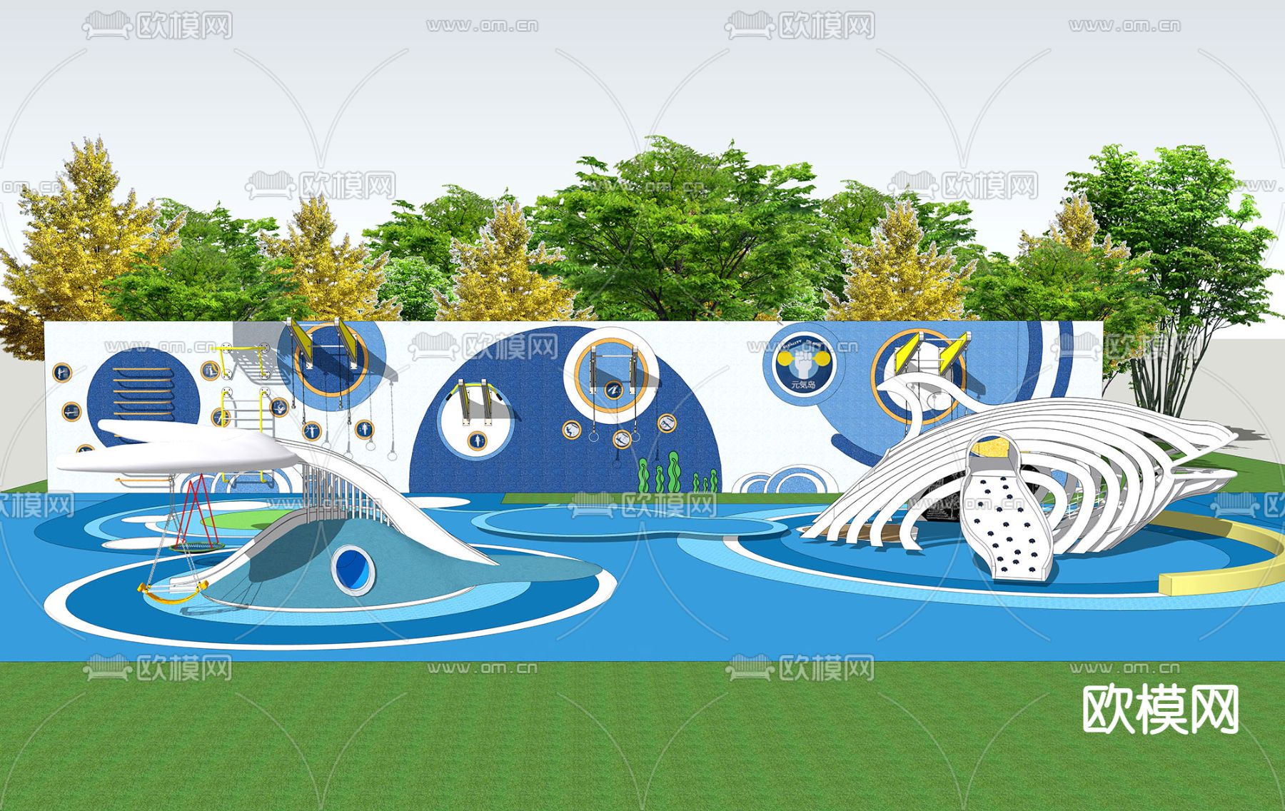 现代儿童景墙户外运动游乐区su模型下载（渲染图1）
