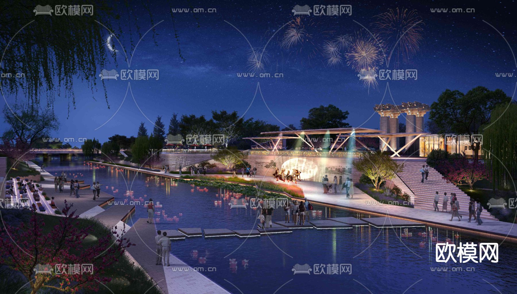 现代公园景观夜景psd下载_ID12187334_3dmax免费模型-欧模网
