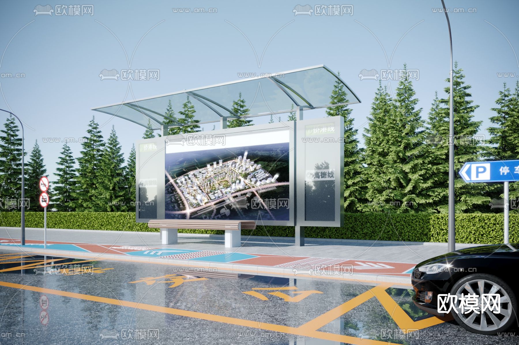 现代公交车站台 候车站3d模型下载