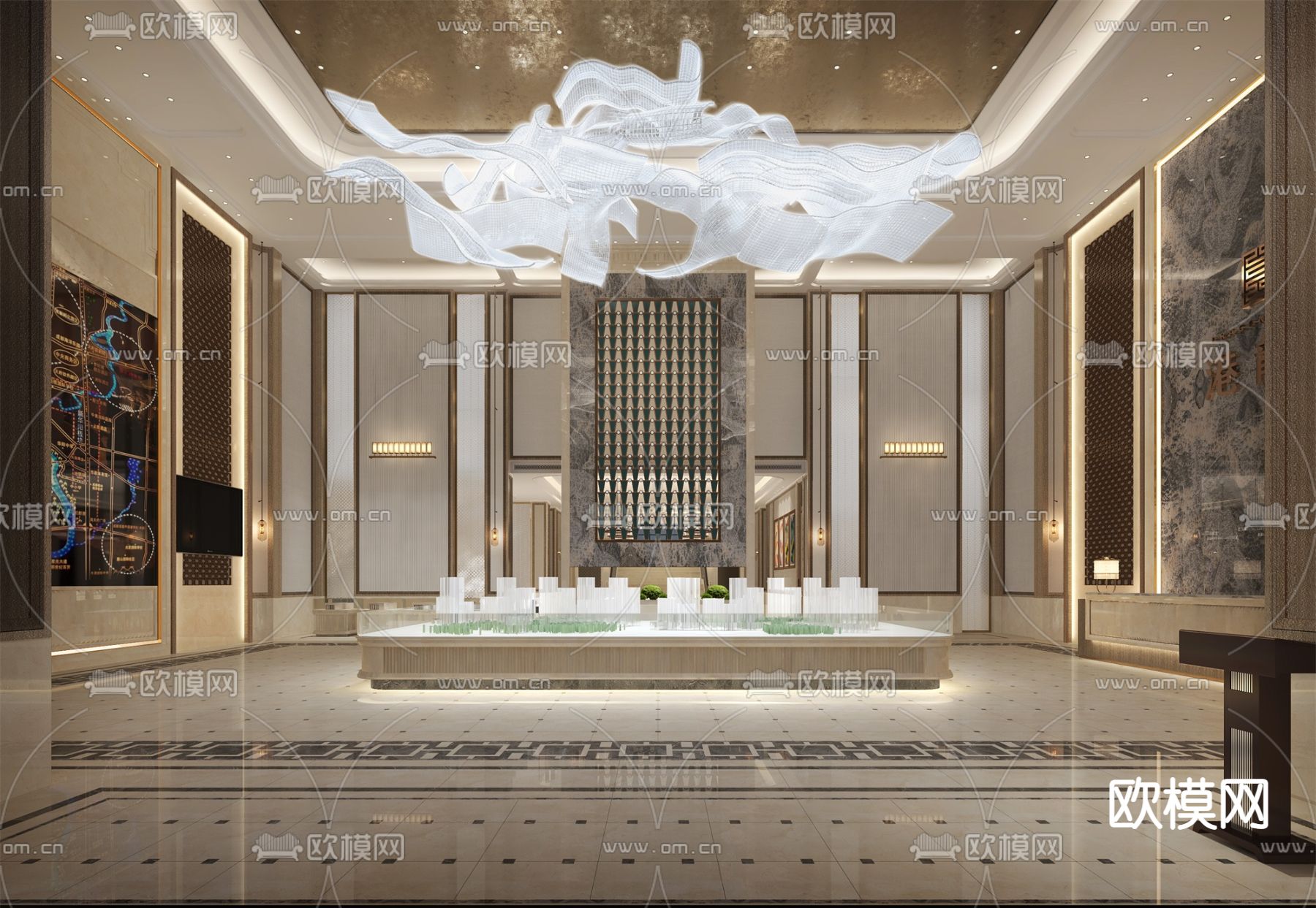 轻奢售楼处 沙盘区su模型下载（渲染图1）