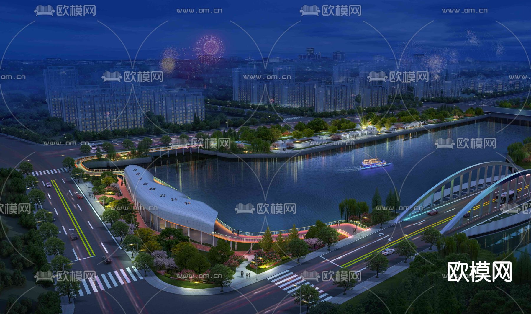 现代园林景观夜景鸟瞰psd下载