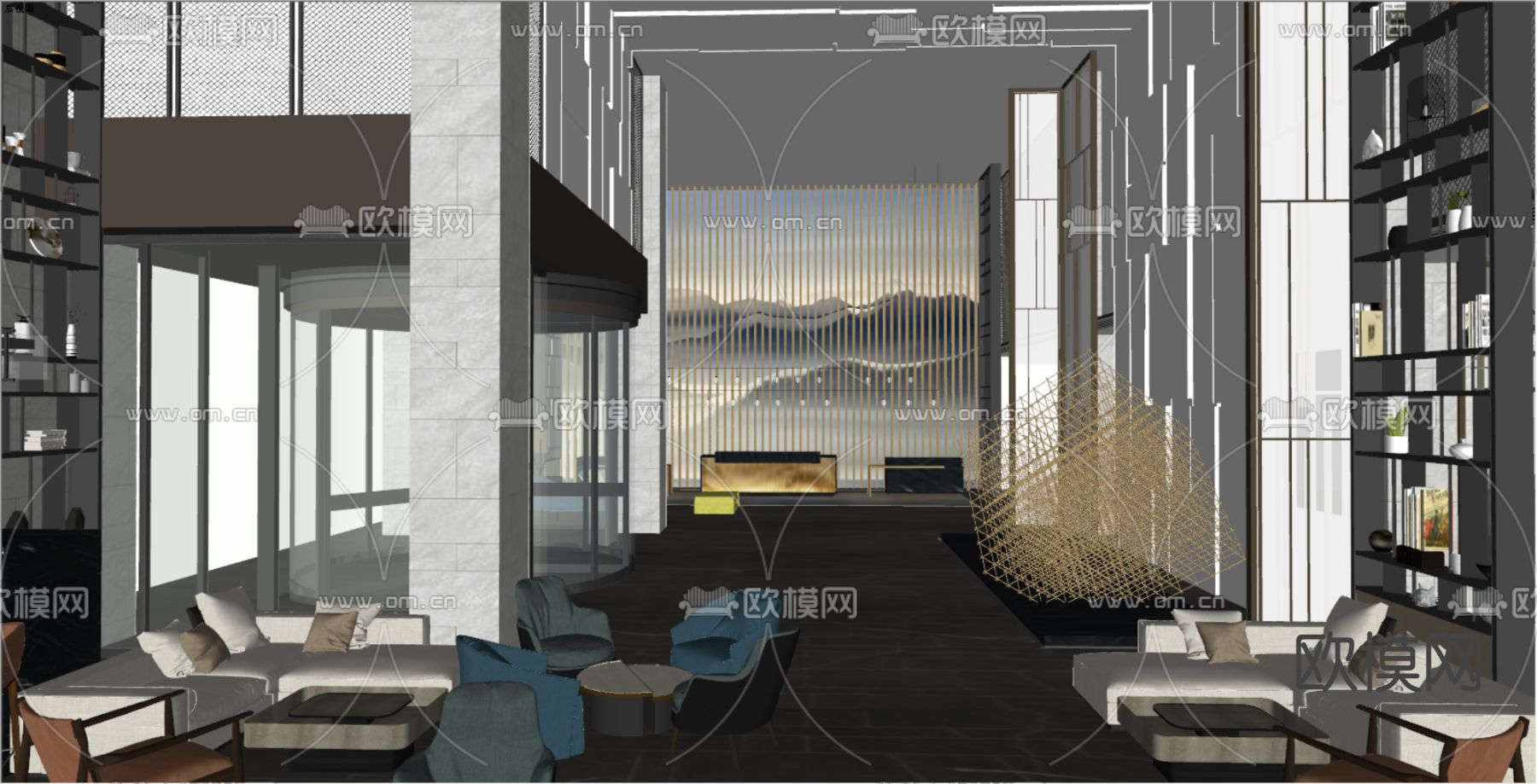 新中式售楼处洽谈区su模型下载（渲染图2）