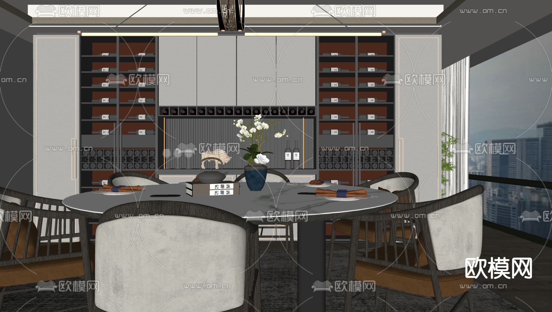 新中式餐厅su模型下载（渲染图2）