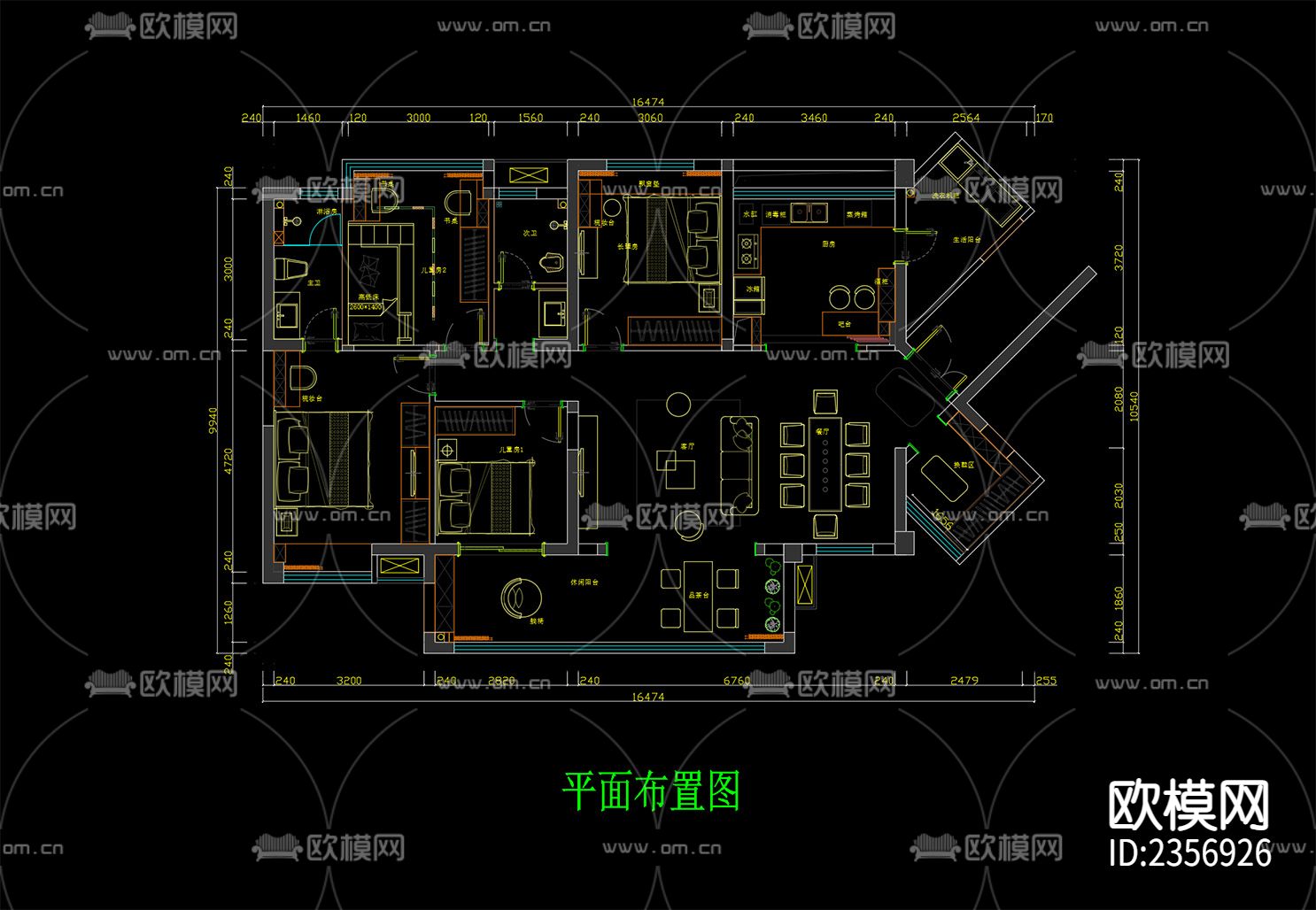 家装平层cad施工图下载（渲染图1）