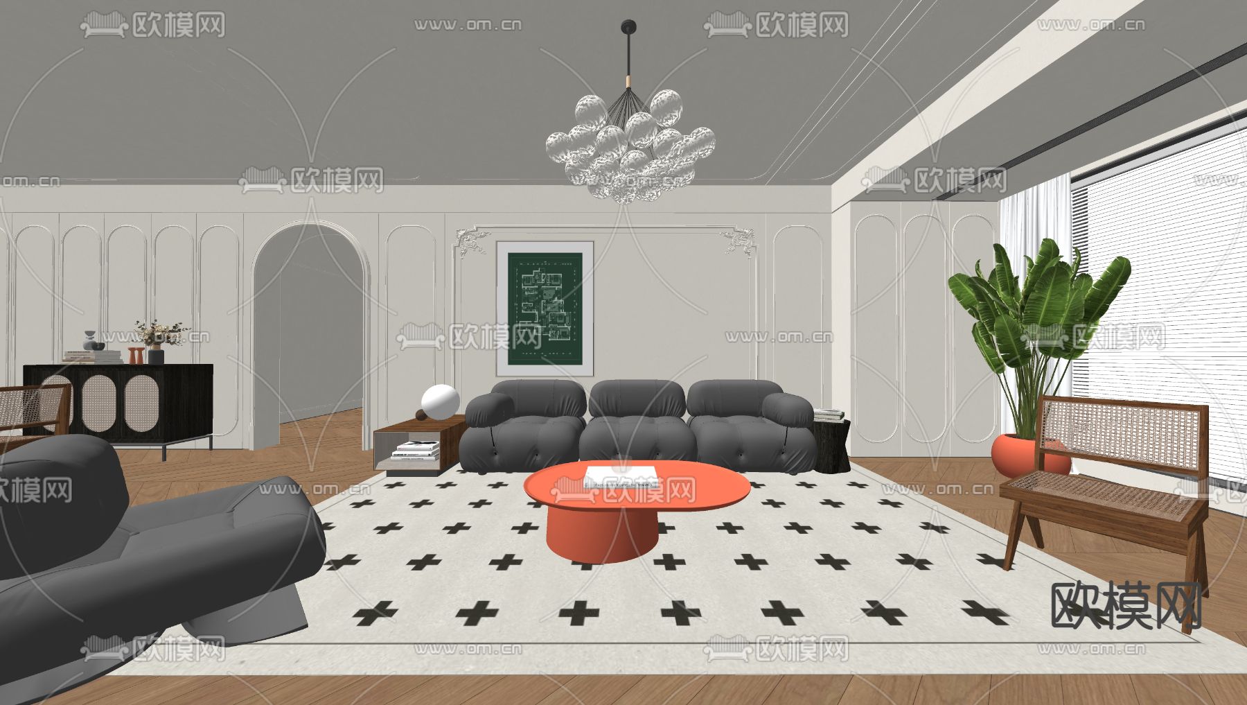 法式客厅su模型下载（渲染图2）