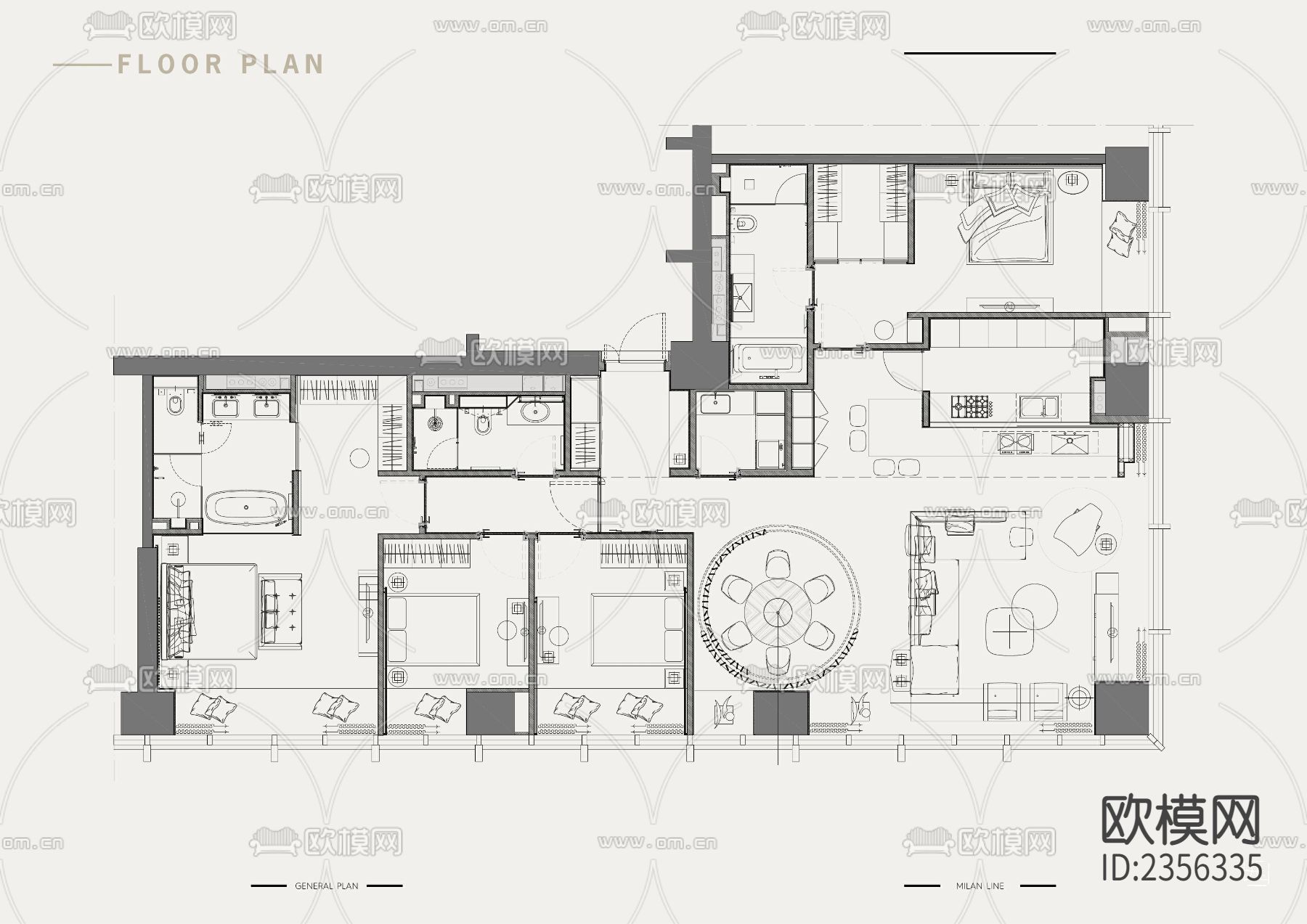 家装平层cad施工图下载（渲染图1）