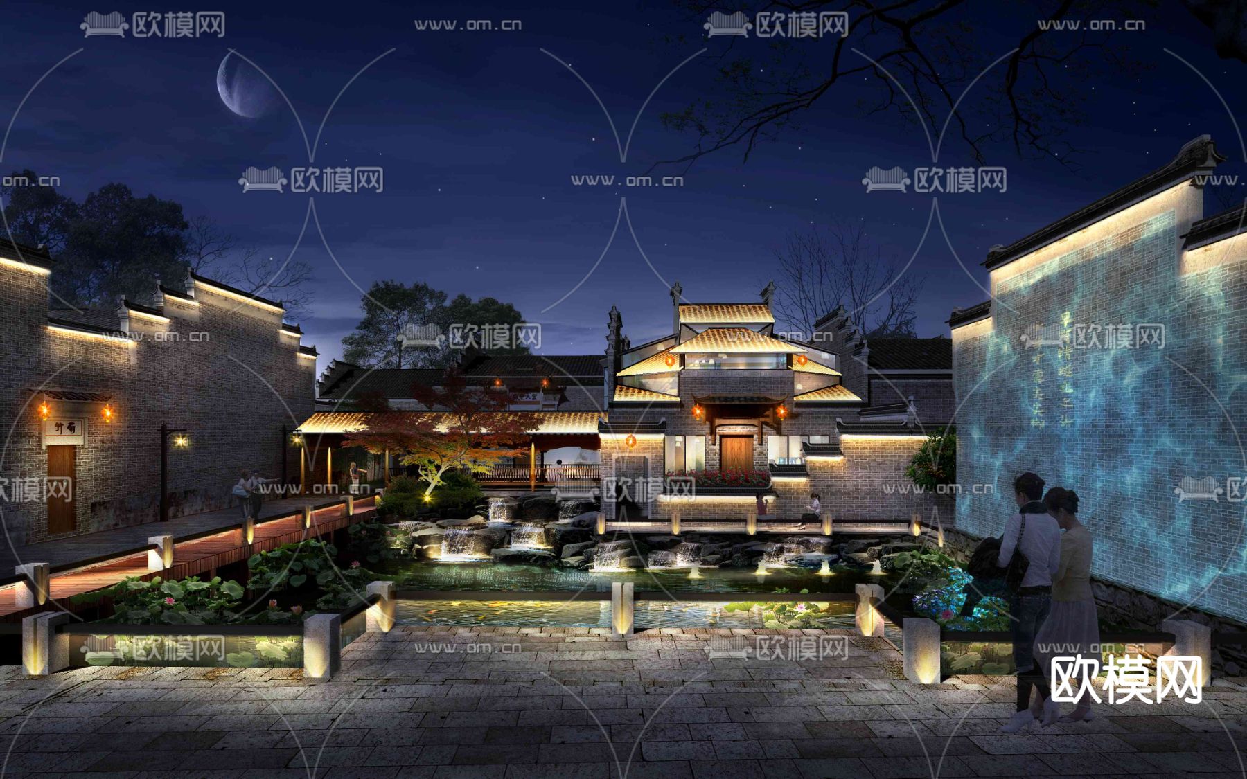 新中式园林景观夜景psd下载