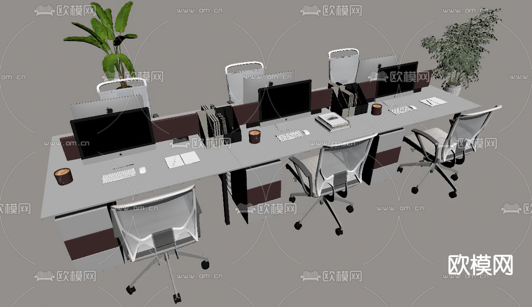办公桌椅 屏风卡位su模型下载（渲染图2）