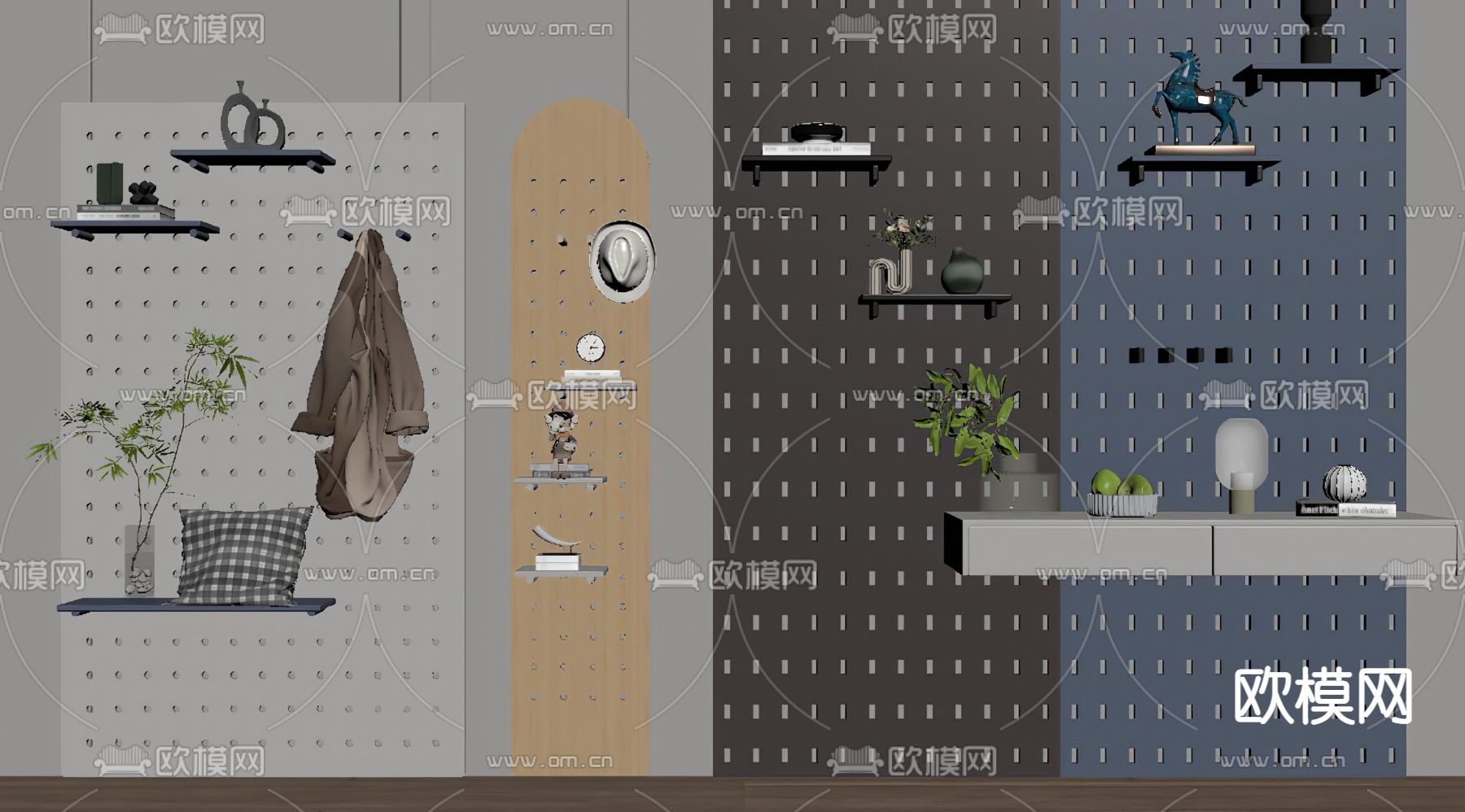 现代置物架洞洞板su模型下载（渲染图2）