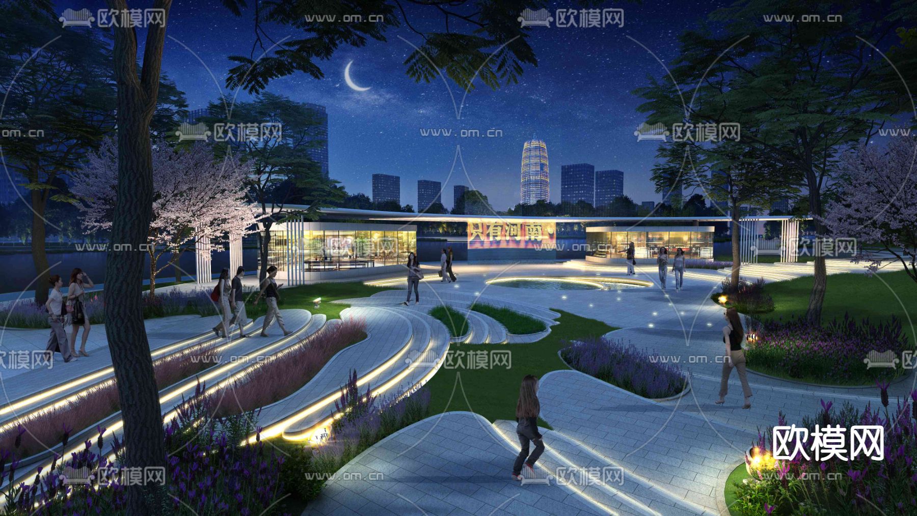 现代公园景观夜景psd下载_ID12187329_3dmax免费模型-欧模网