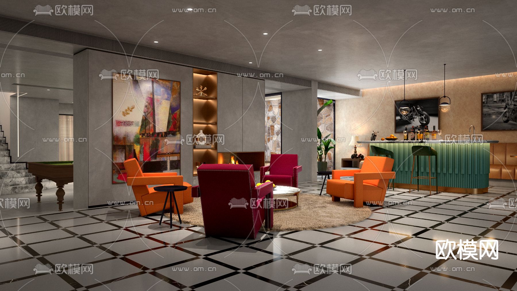 现代休息娱乐区su模型下载（渲染图1）