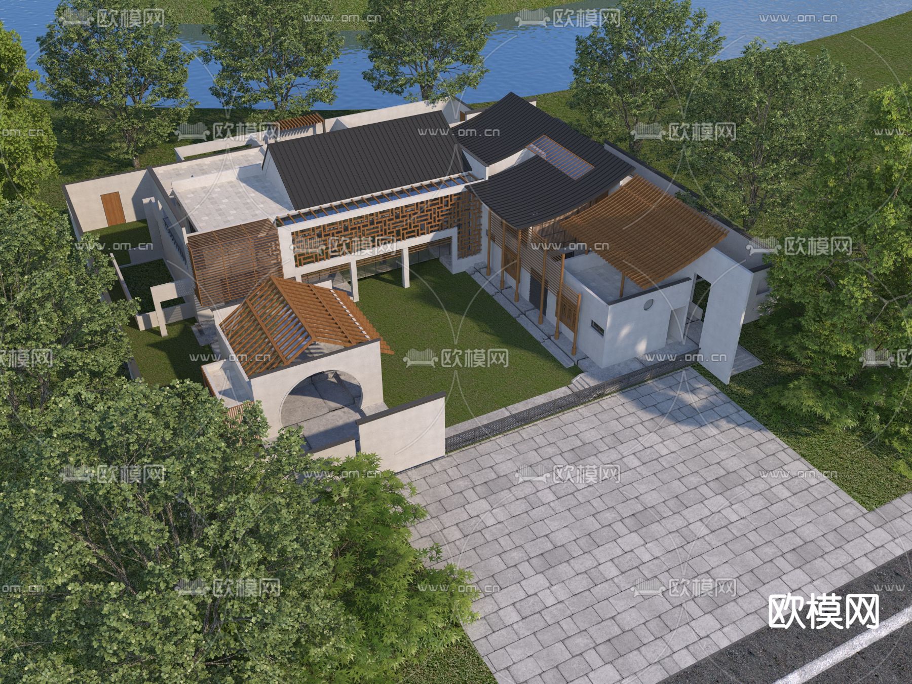 中式四合院外观鸟瞰3d模型下载