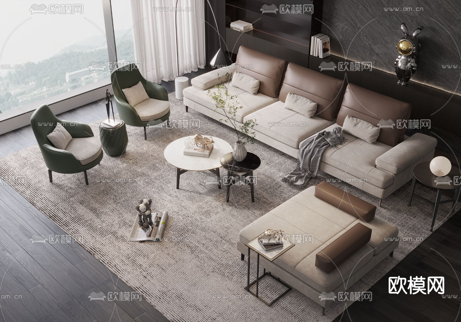 现代皮革组合沙发su模型下载（渲染图1）