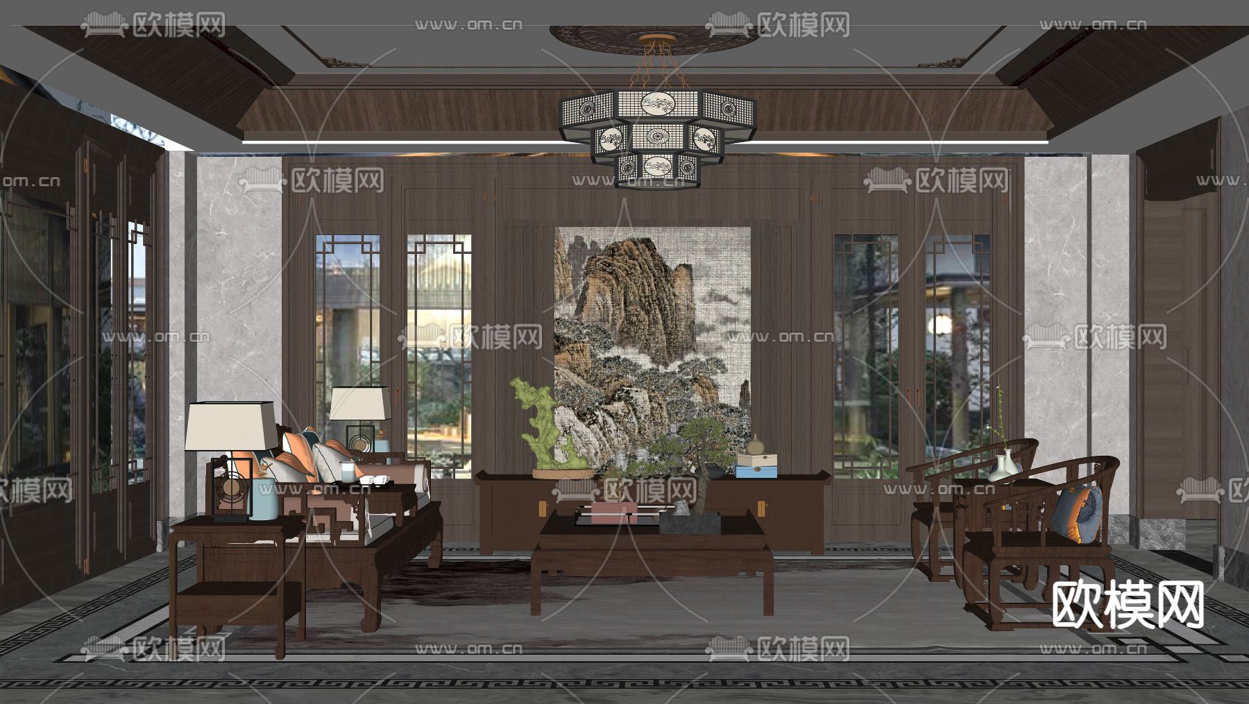 中式客厅su模型下载（渲染图2）