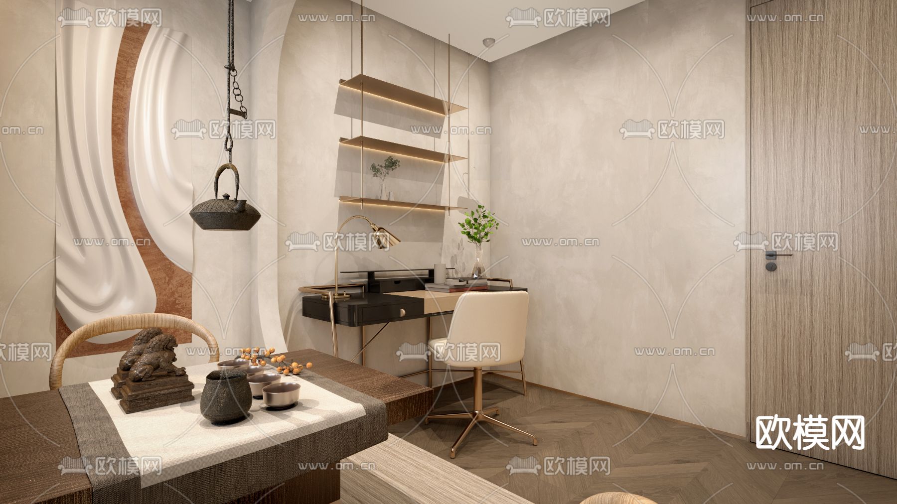 新中式茶室su模型下载（渲染图2）