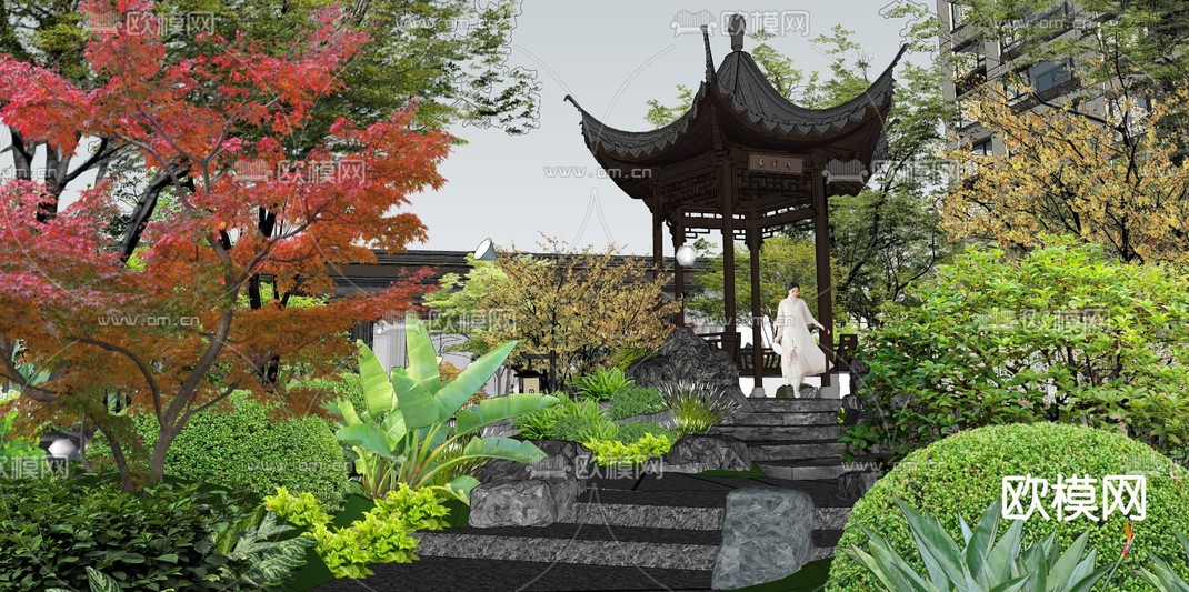 新中式高端小区园林su模型下载_ID12180710_sketchup模型下载-欧模网