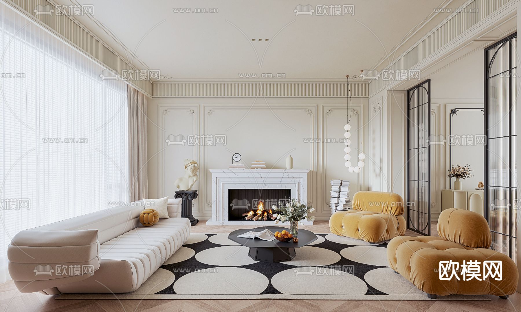 法式客厅su模型下载（渲染图1）