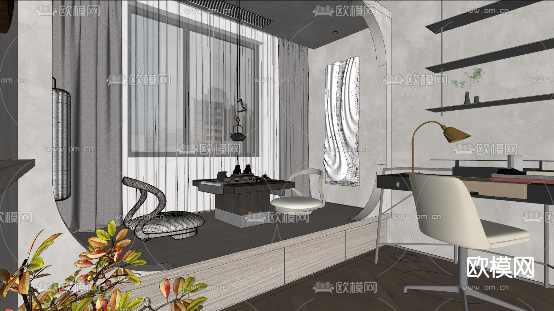 新中式茶室su模型下载（渲染图3）