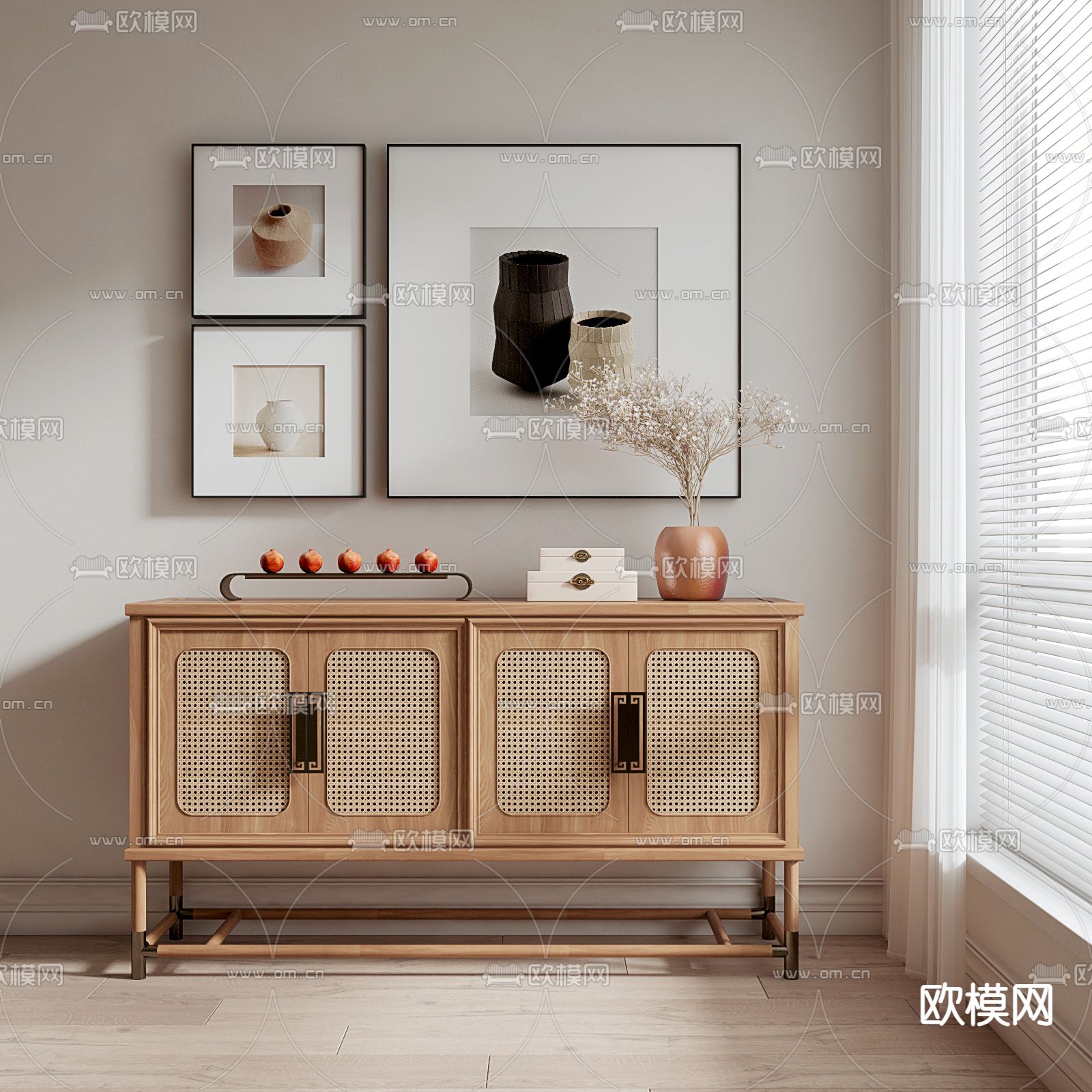 新中式玄关柜su模型下载（渲染图1）