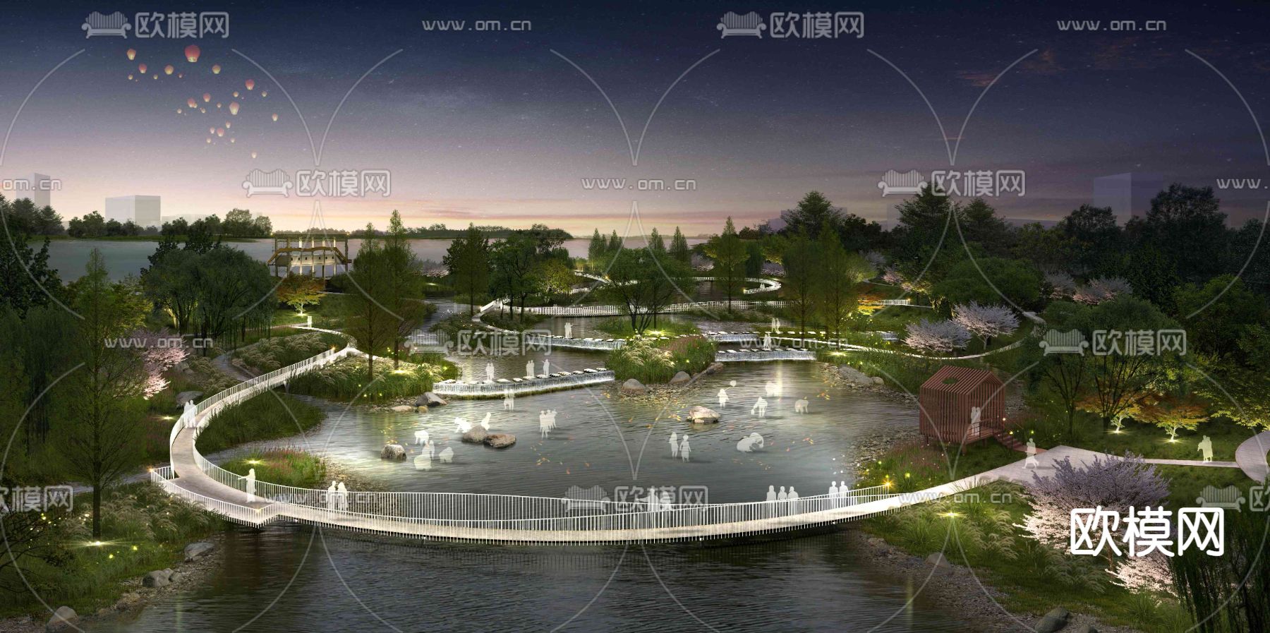 现代园林景观夜景鸟瞰psd下载_ID12187452_3dmax免费模型-欧模网