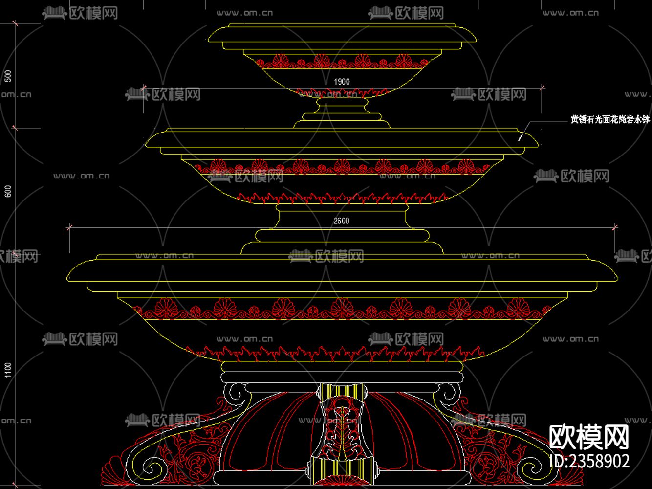 欧式古典 三层花钵流水 水景CAD施工图下载（渲染图4）