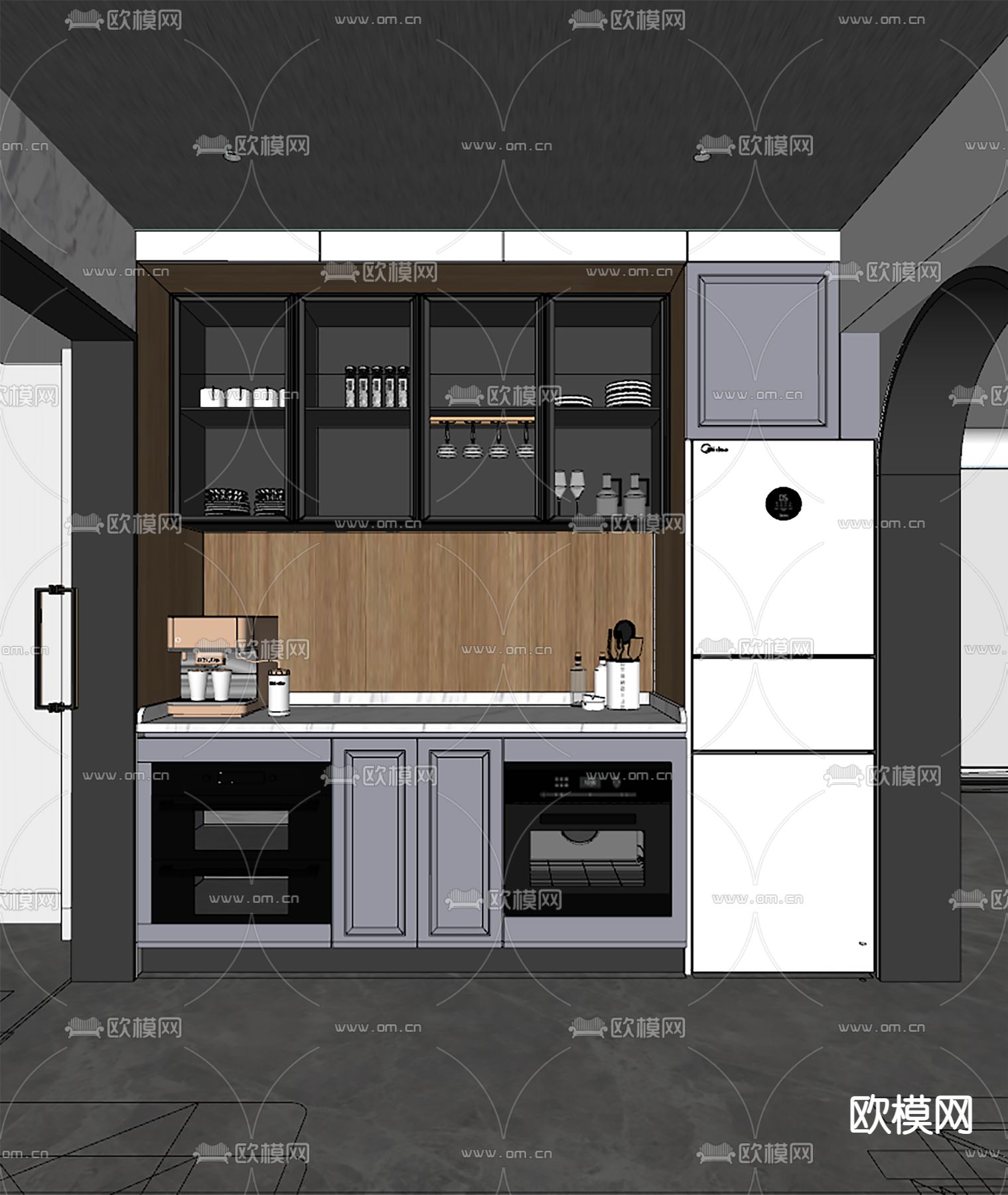 现代橱柜 洗碗机 消毒机su模型下载（渲染图2）