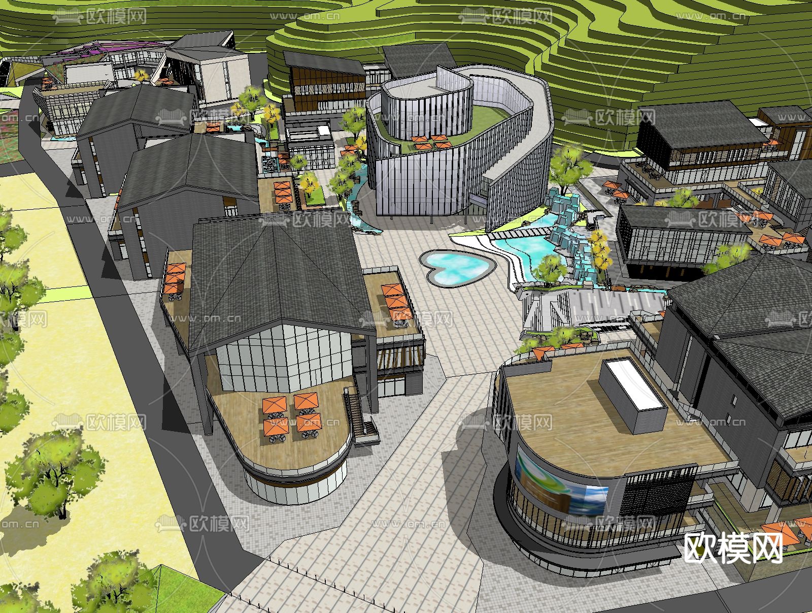 现代山坡商业街su模型下载（渲染图2）