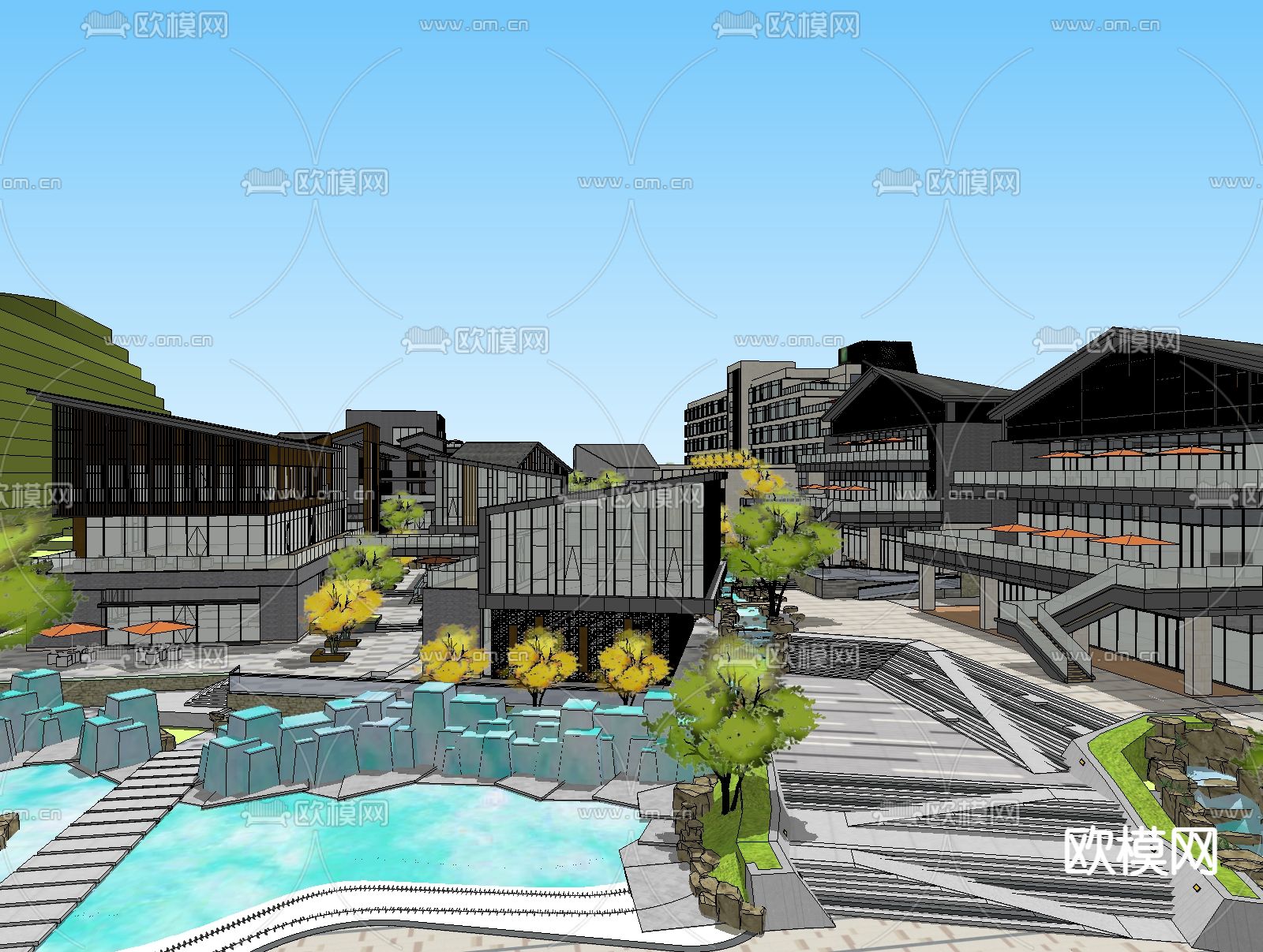 现代山坡商业街su模型下载（渲染图1）