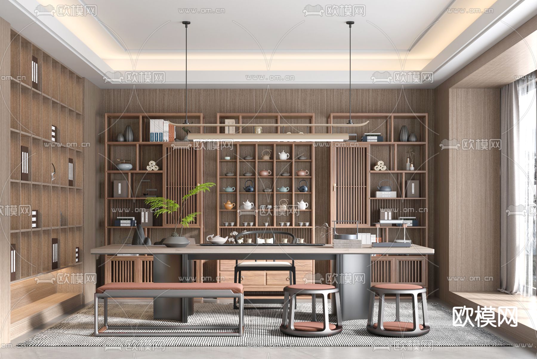 新中式茶室su模型下载（渲染图1）